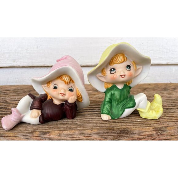 Vintage 1970s Pair Homco Bisque Porcelain Pixie fairy girls - Picture 10 of 14
